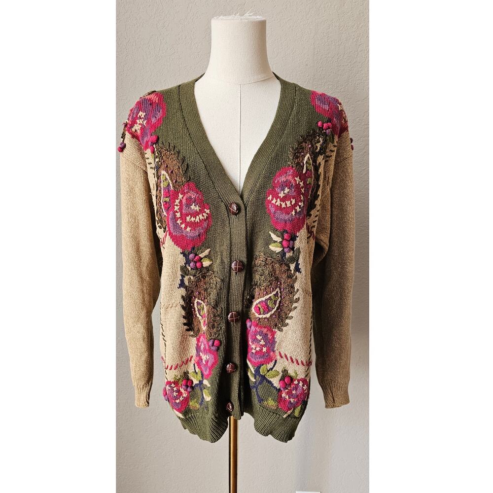 Vintage Jantzen Hand‎ Knit Embroidered Floral Button Up Sweater Women Sz S Multi